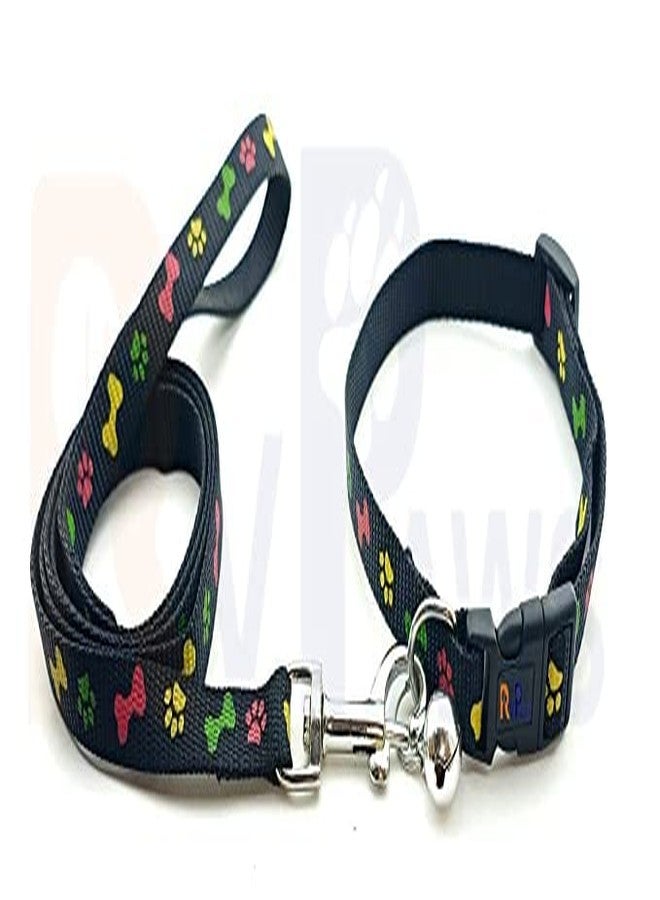 Pups&Pets Dog Printed Collar and Leash Set 15 MM- Adjustable Nylon Collar with Bell for Small and Medium Dogs, Collar and Leash Set for Puppies, Dog & Cat (Black, Pattern-1) - Image 1